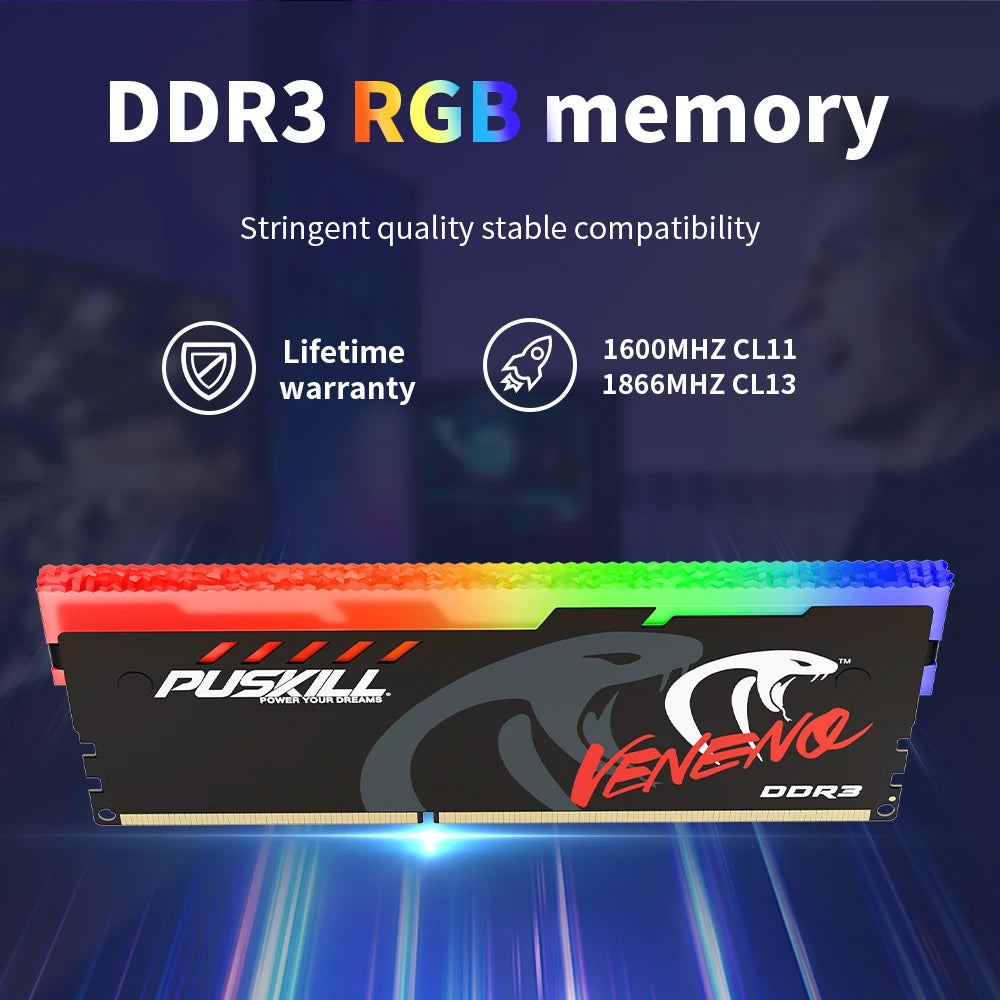 PUSKILL Memoria RAM DDR3 1600MHz 8GBx2 RGB PC3 Dual-Channel Desktop DIMM Memory Rams