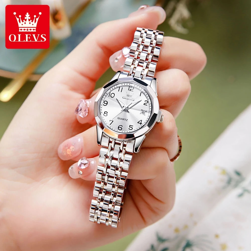OLEVS 9970 Couple Watch For Men Women Luxury Number Dial Rhombus Mirror Quartz Hand Clock Stainless Steel Original Dress Watches
