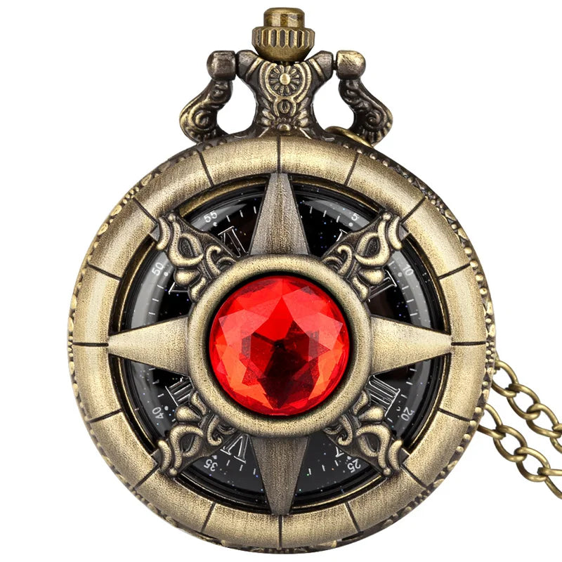 Exquisite Emerald-green Stone Bronze Case Quartz Pocket Watch Simple White Dial Chain Clock Necklace Pendant Watch for Men Women