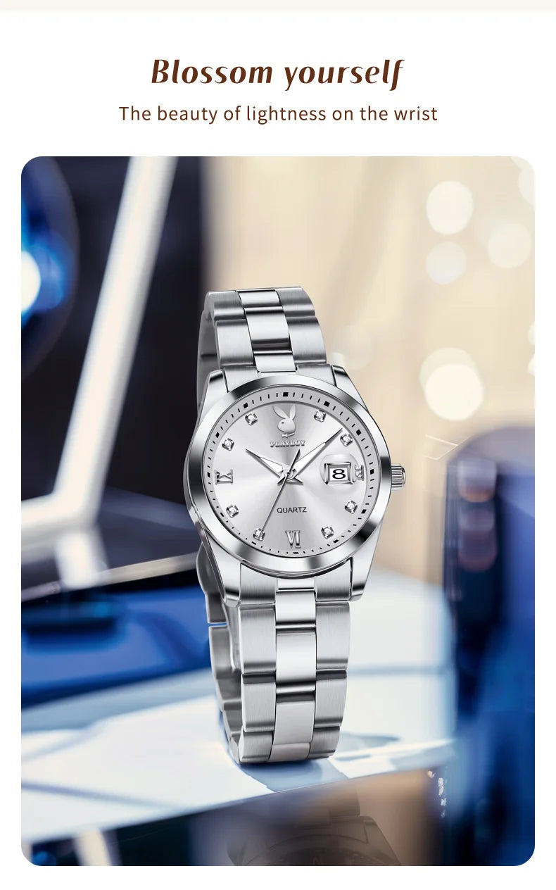 PLAYBOY New Original Luxury Women Watch Waterproof Calendar Luminous Stainless Steel Elegant Fashion Quartz Women's Wristwatch