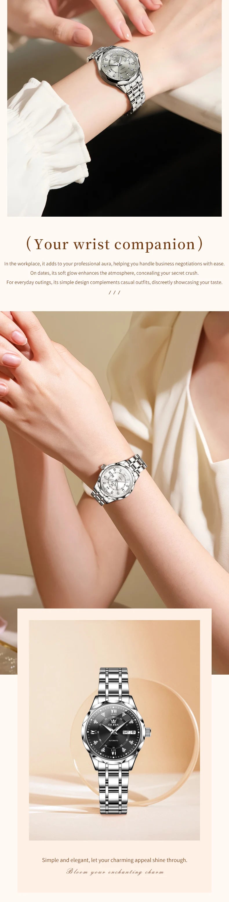 OLEVS 6727 Women's Watches Elegant Fashion Original Automatic Mechanical Watch for Lady Grey Double Scale Dial Waterproof Date