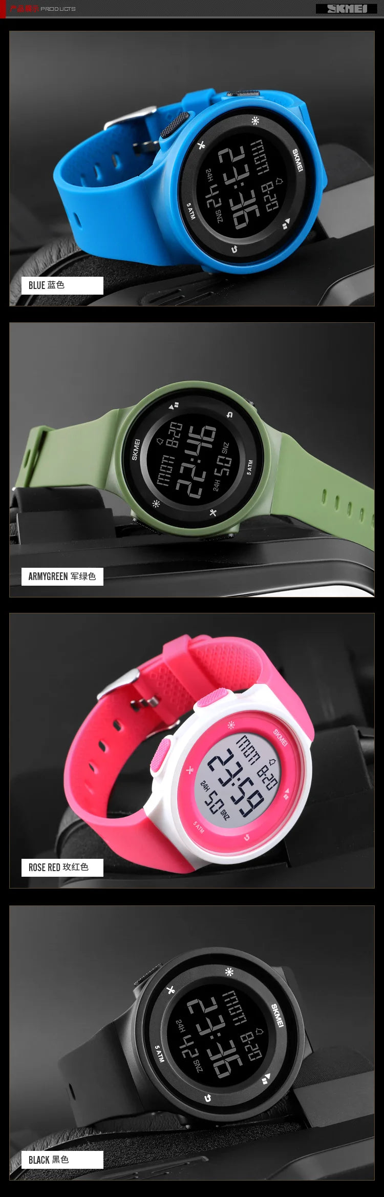 Skmei Women Dual Time Fashion Silicone Strap 50M Waterproof Led Chronograph Digital Sports Watches