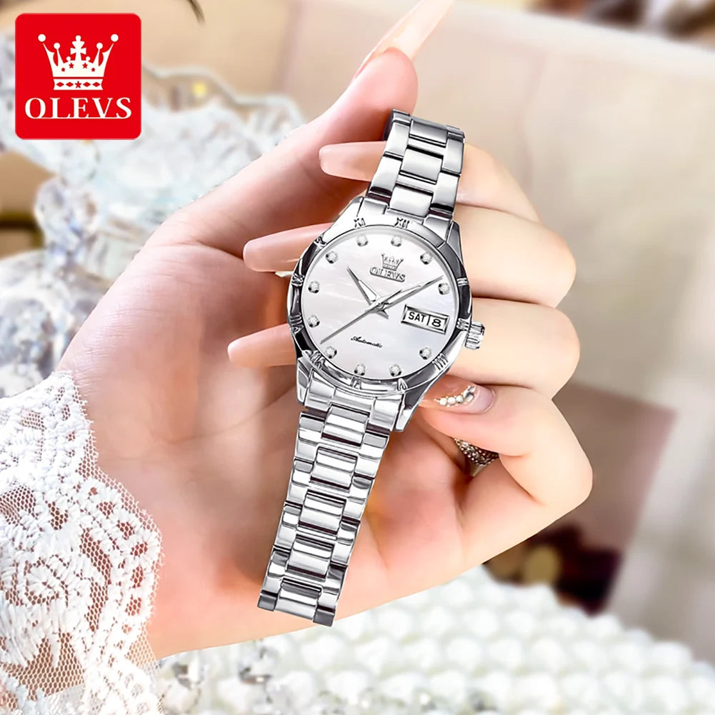 OLEVS 7030 Automatic Watch for Women Luxury Diamond Scale Waterproof Calendar Mechanical Woman Watch Original Ladies Wristwatch