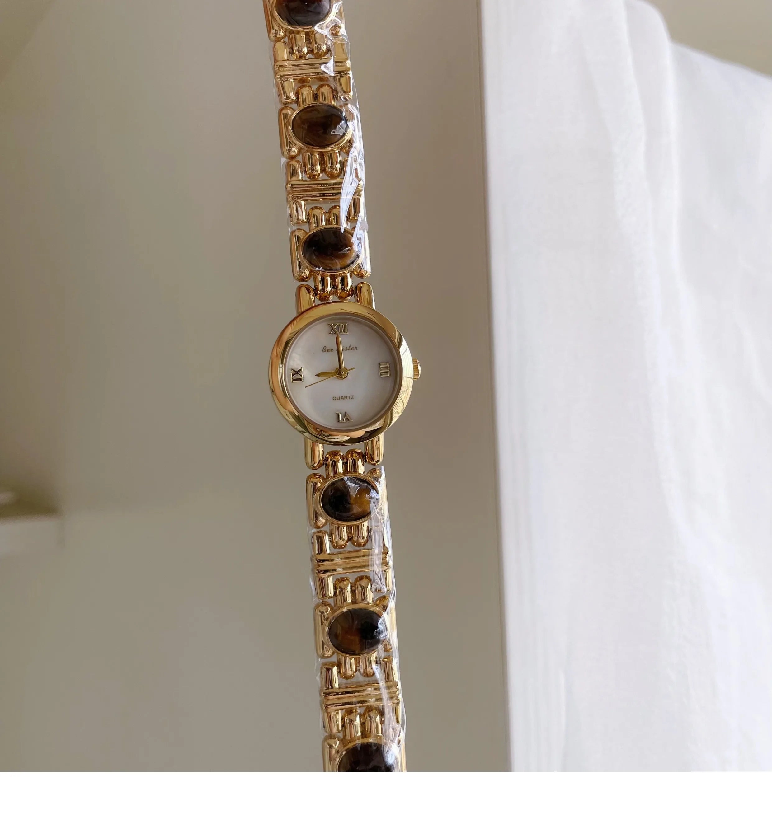 NEW Elegant Retro Watch Women Natural Brown Gemstone Jade Waterproof Round Dial Quartz Watch Female Bracelet Accessories Gift