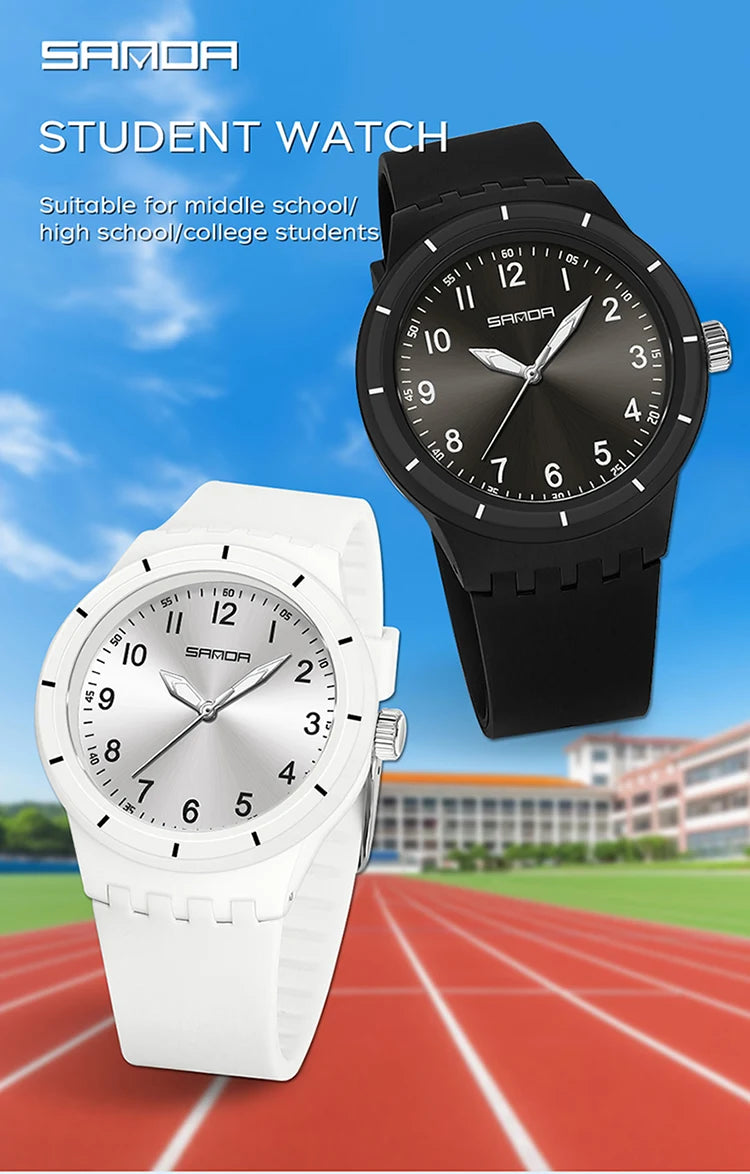 SANDA 9075 Casual Student Quartz Watch Simple Waterproof Silicone Strap Night Light Fashion Girls and Boys Watch Simple Daily