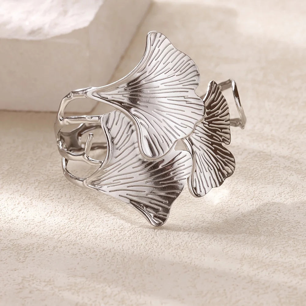 Women's Ginkgo Leaf Cuff Bracelet Elegant Stainless Steel Open Bracelet Jewelry Fashion Accessory Summer Waterproof Jewelry