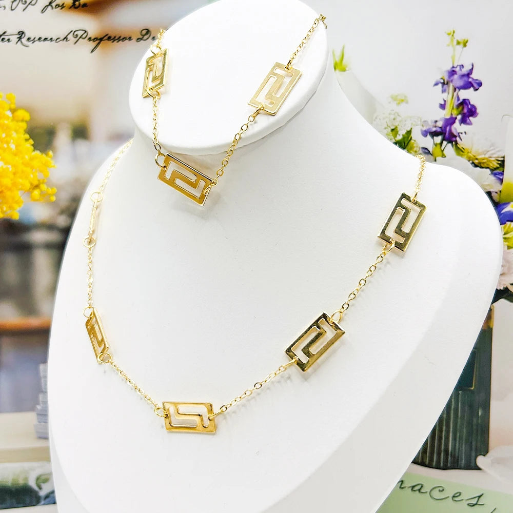Fashion Long Chain Necklace with Bracelet Classic Gold Color Necklace for Women Trendy Bangles For Women Anniversary Party Gift