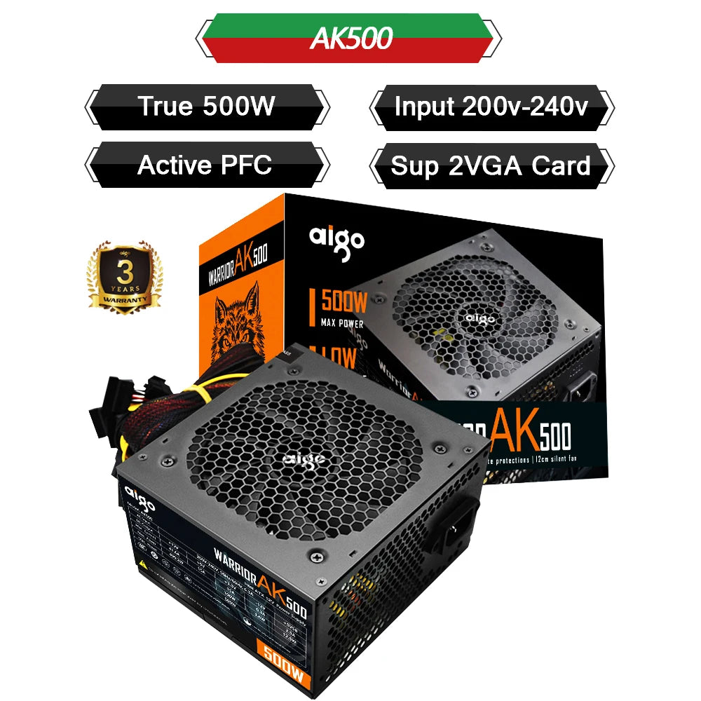 Aigo AK 500W 600W 700W PC PSU Power Supply Unit Gaming Quiet 120mm RGB Fan 220V ATX Desktop computer Power Supply for 7800x3d
