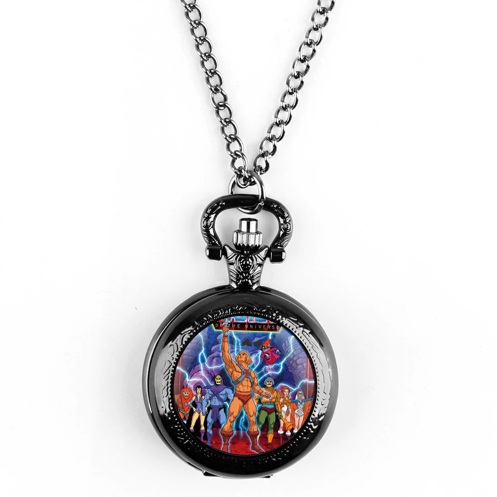 Masters Of The Universe Glass Dome Vintage Arabic Numerals Quartz Pocket Watch Necklace Pendant Clock Chain Men Women Kids Gift