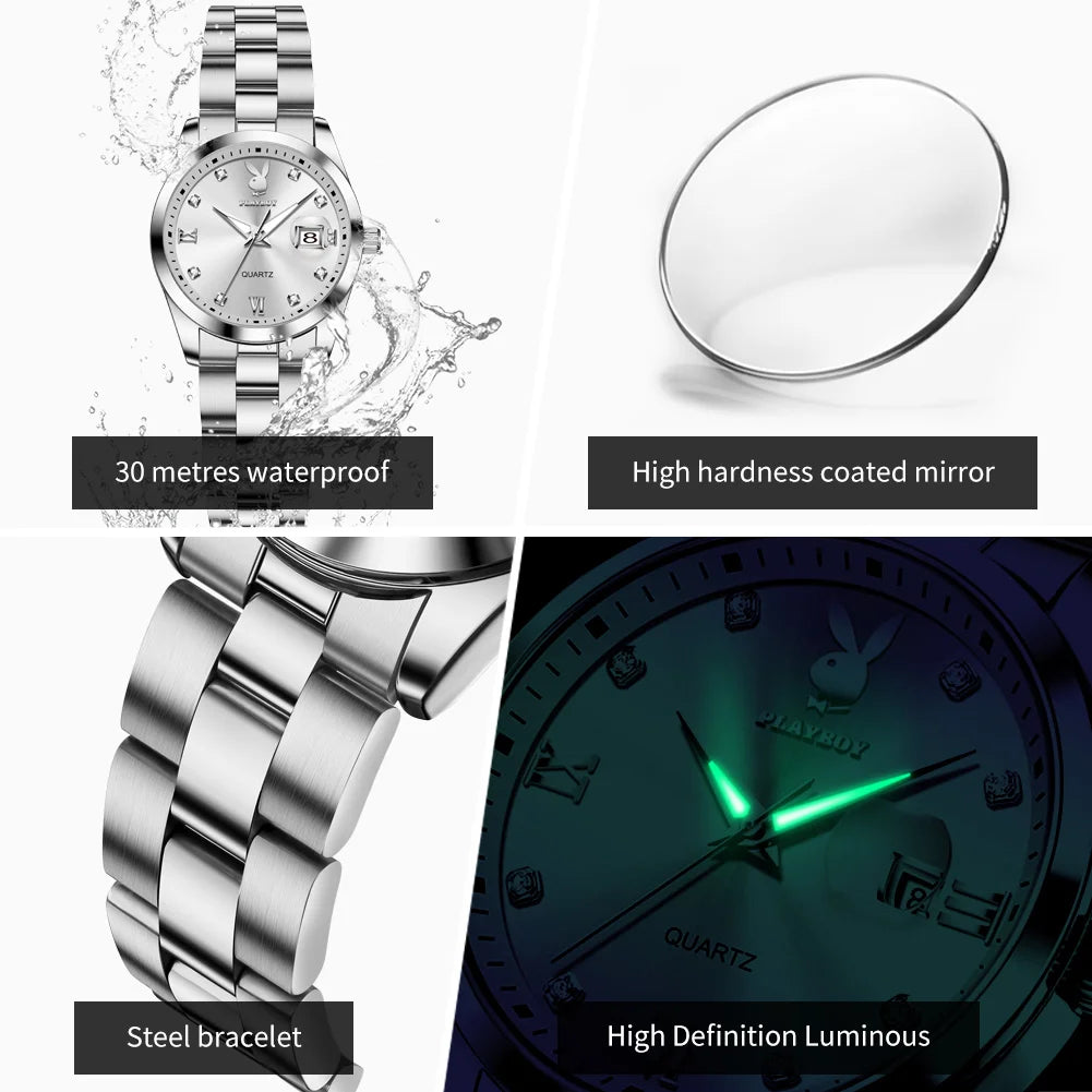 PLAYBOY New Original Luxury Women Watch Waterproof Calendar Luminous Stainless Steel Elegant Fashion Quartz Women's Wristwatch