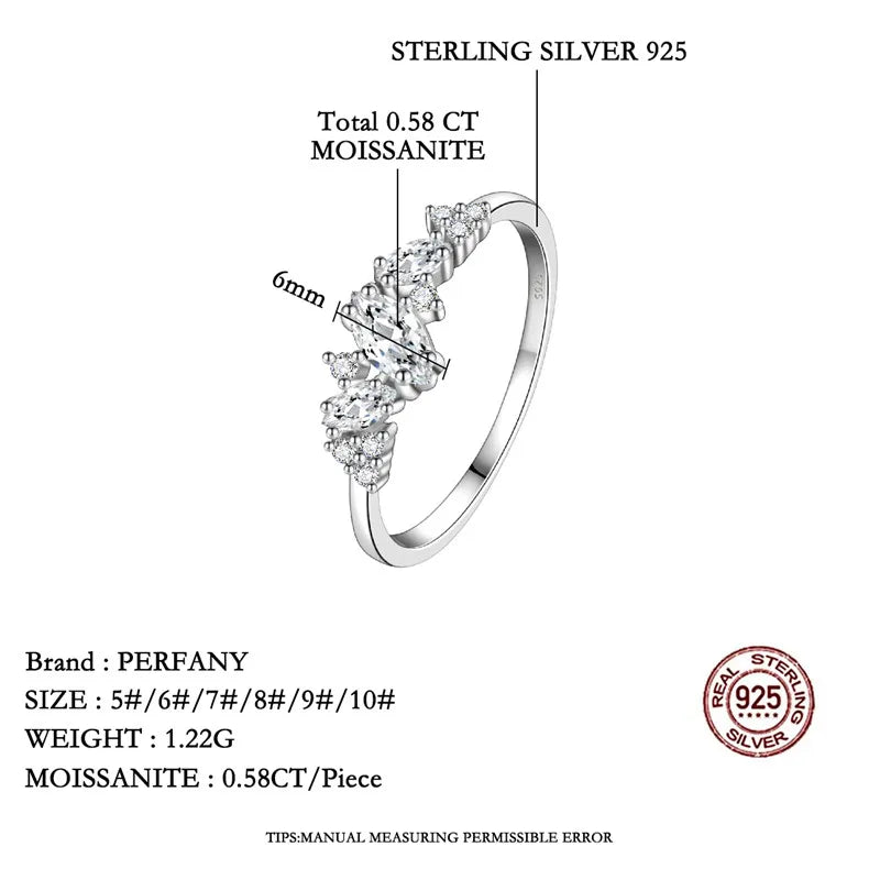PERFANY 0.58CT Marquise Cut Moissanite Women's Ring S925 Pure Silver Laboratory Cultivated Diamond Fashion Design Jewelry