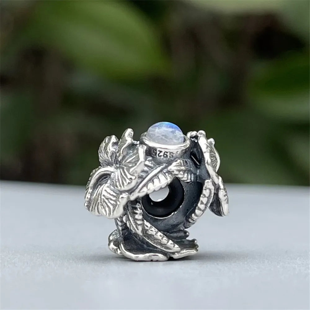 Mistletoe 925 Sterling Silver Hibiscus Stopper Spacer Charm Bead With Natural Labradorite Stone Fit Troll 3.0mm Bracelet Jewelry