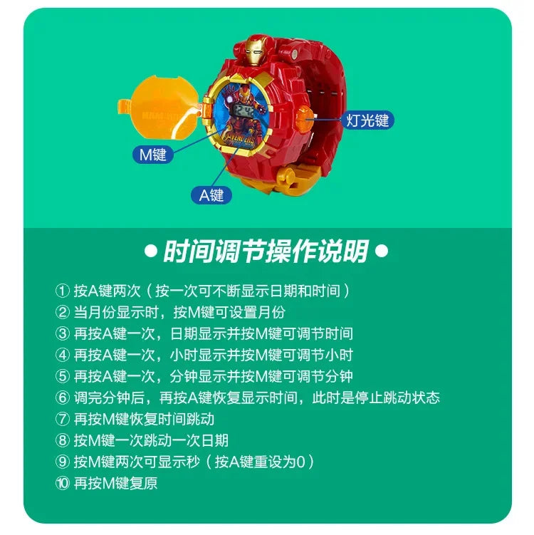 Marvel Iron Man Spiderman Cartoons Children's Watch Deformation Robot 3d LED Luminous Watch Children's Model Toy Watch