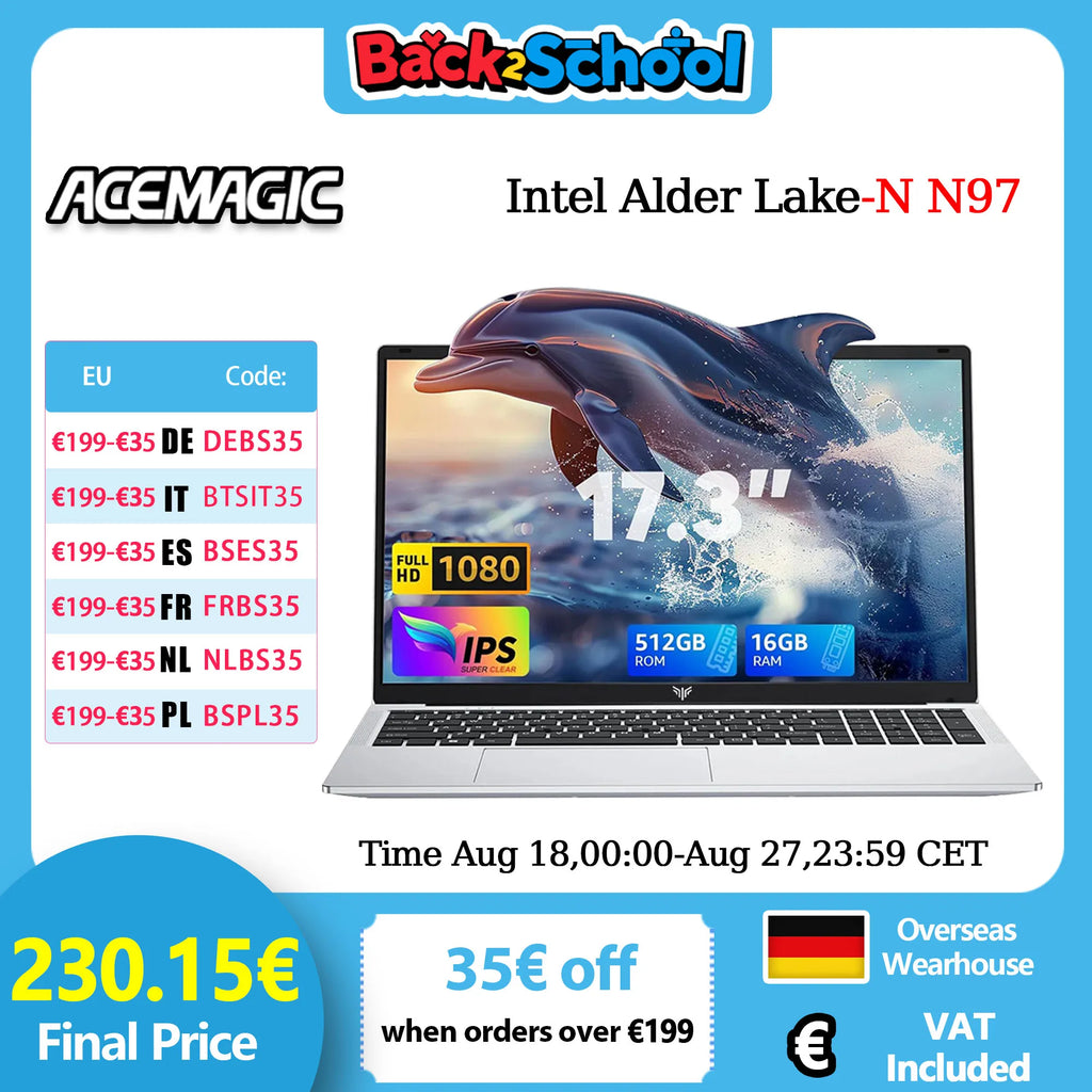ACEMAGIC AX17 17.3 inch Laptop Intel N97 16GB RAM 512GB SSD Windows 11 Pro Notebook Wifi 6 BT5.2 6000Mah Battery