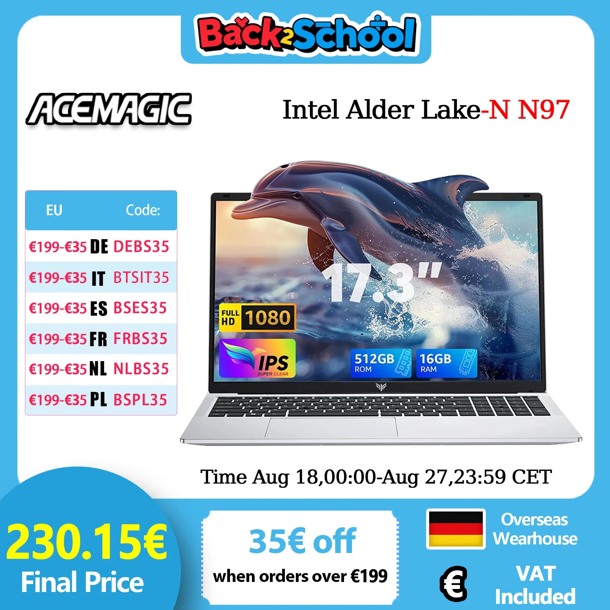 ACEMAGIC AX17 17.3 inch Laptop Intel N97 16GB RAM 512GB SSD Windows 11 Pro Notebook Wifi 6 BT5.2 6000Mah Battery