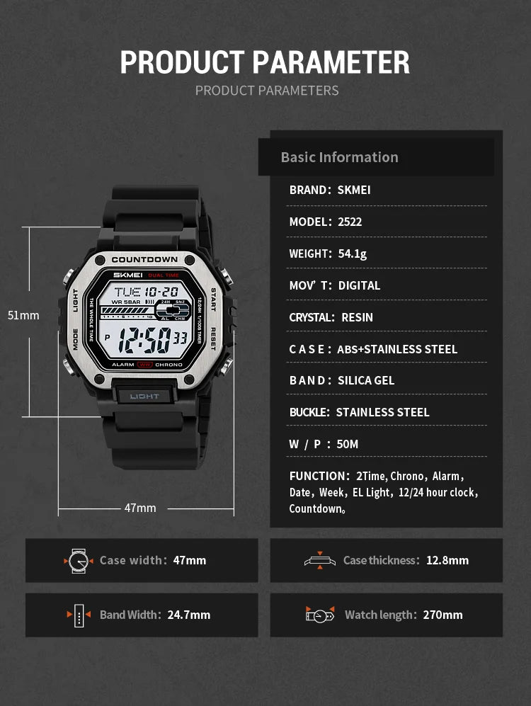 SKMEI Alarm Clock Sport Digital Wristwatches For Men Women Waterproof Date Electronic Watches Chrono Military Watch Reloj Hombre