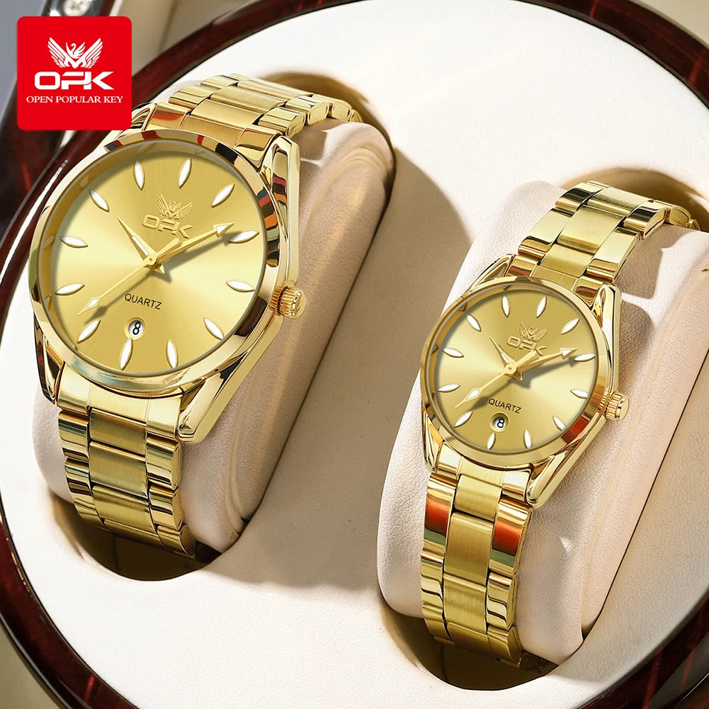 OPK 6038 Couple Watches Stainless steel Belt Deep Waterproof Calendar Hand Clock