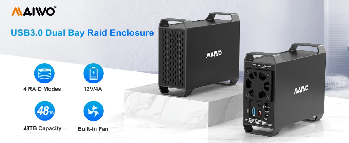 MAIWO 3.5" Dual Bay SATA HDD Hard Drive Enclosure with Cooling Fan for 4 Raid Modes USB 3.0 5Gbps 48TB Capacity Aluminum Alloy