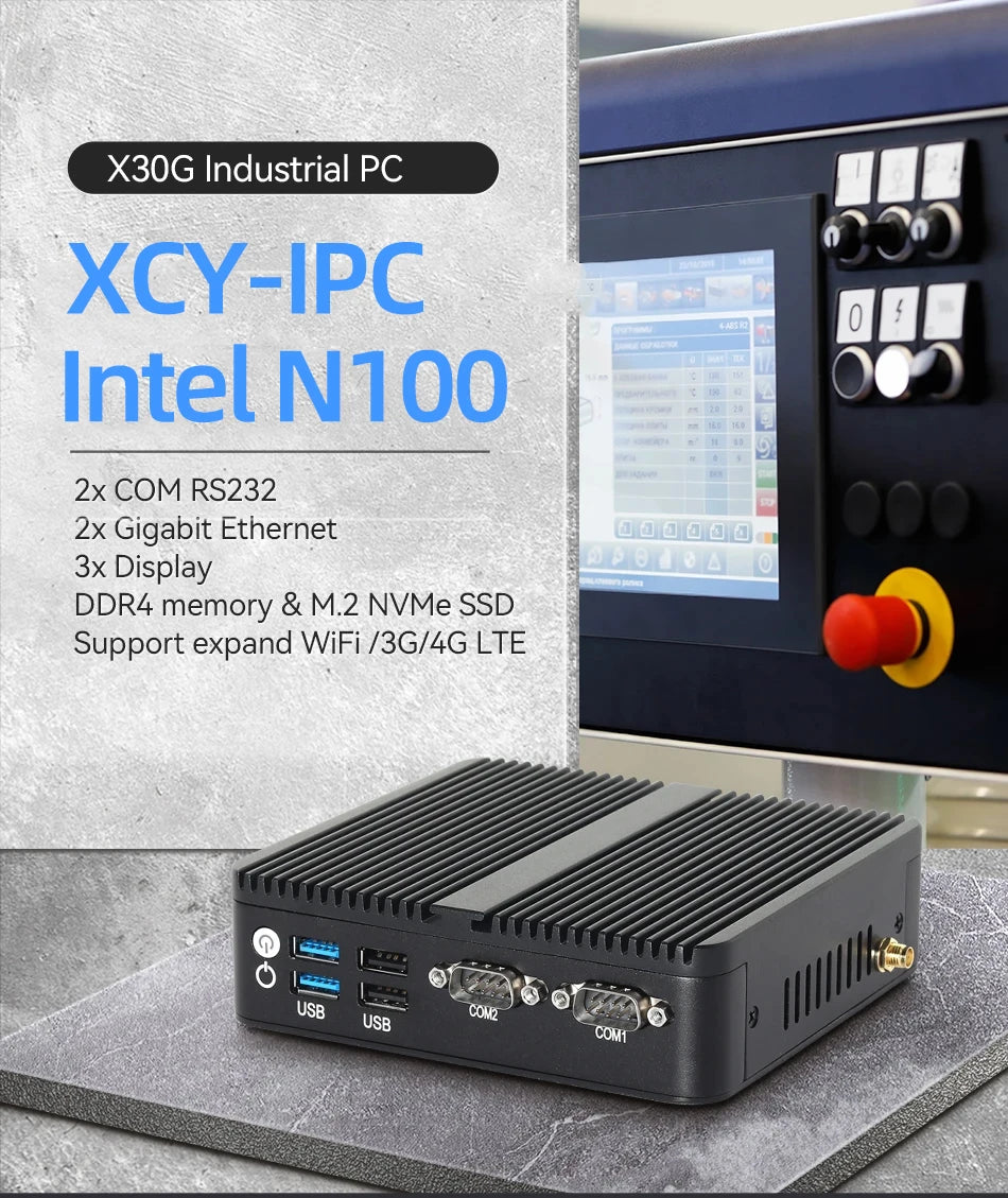 Intel N100 Mini Industrial PC 2x Serial Ports RS232 2x Gigabit Ethernet 2x HDMI 1xDP Support 3 Screens Display Win10/11 Linux