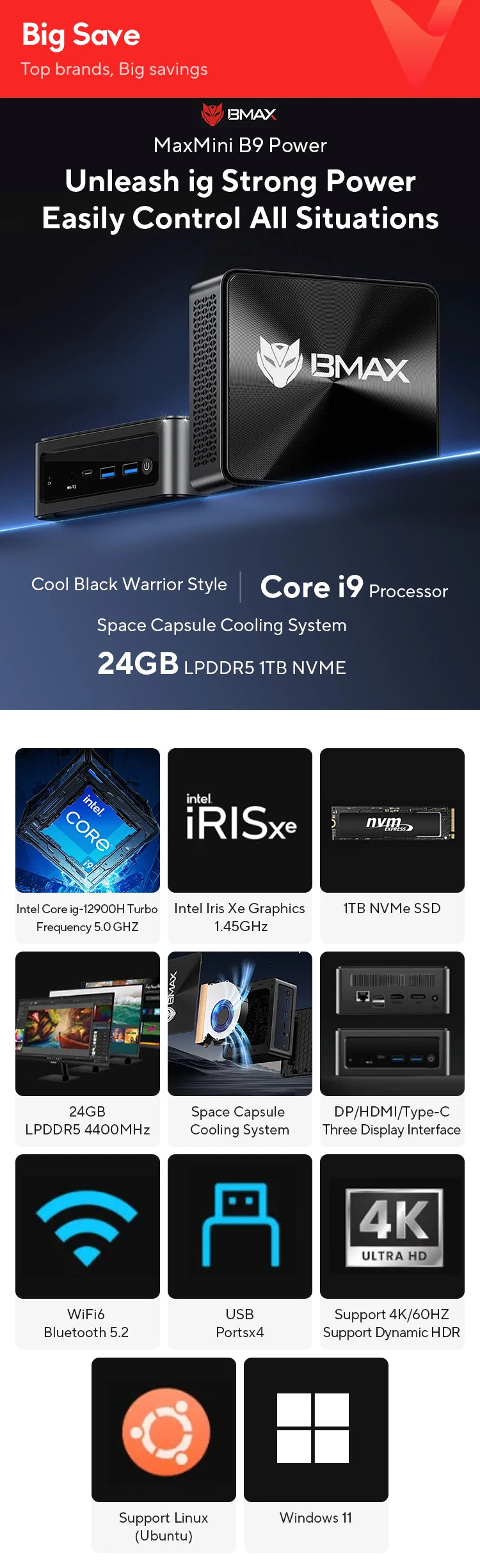BMAX B9 Power Mini PC Intel Core i9-12900H Turbo Frequency 5.0GHz 24GB DDR5 RAM 1TB NVMe SSD WiFi 6 Bluetooth 5.2