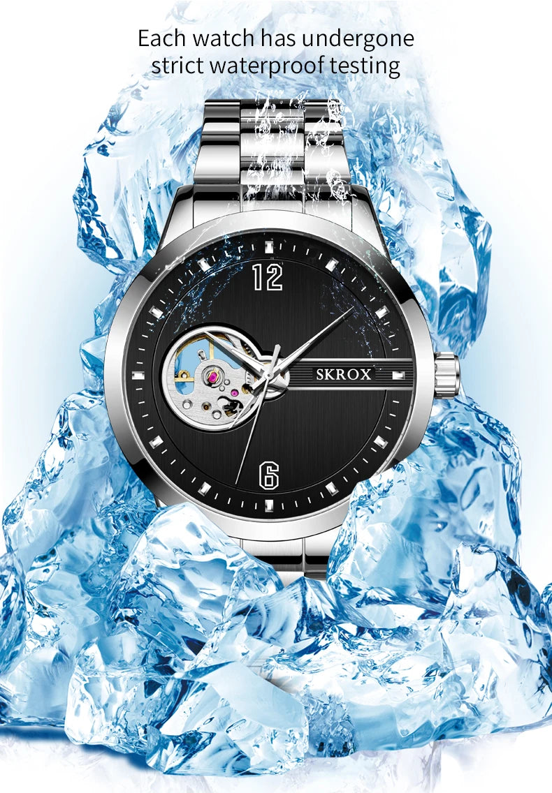 SKROX Elegant Luminous Waterproof Automatic Clockwork Tourbillon Skeleton Mechanical Men's Watch Mesh strap Luxury Wrist Watches