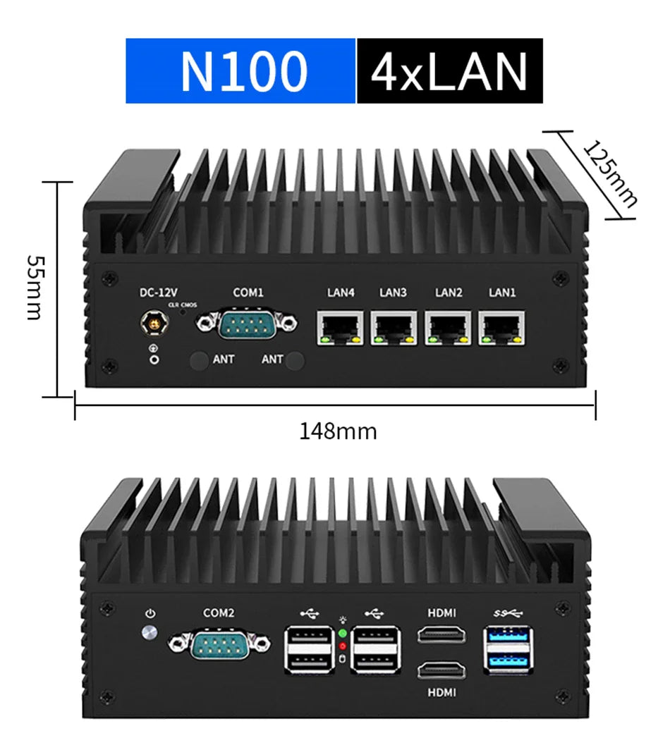 4x i226-V 2.5G Firewall Mini PC 12th Gen Intel i3 N305 N100 Soft Router DDR5 2*COM 2*HDMI Industrial Computer Efficient cooling