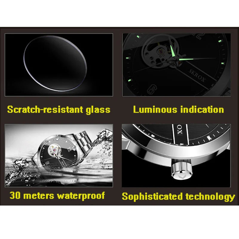SKROX Elegant Luminous Waterproof Automatic Clockwork Tourbillon Skeleton Mechanical Men's Watch Mesh strap Luxury Wrist Watches