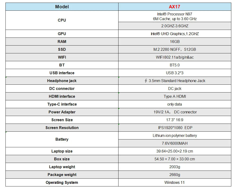ACEMAGIC AX17 17.3 inch Laptop Intel N97 16GB RAM 512GB SSD Windows 11 Pro Notebook Wifi 6 BT5.2 6000Mah Battery