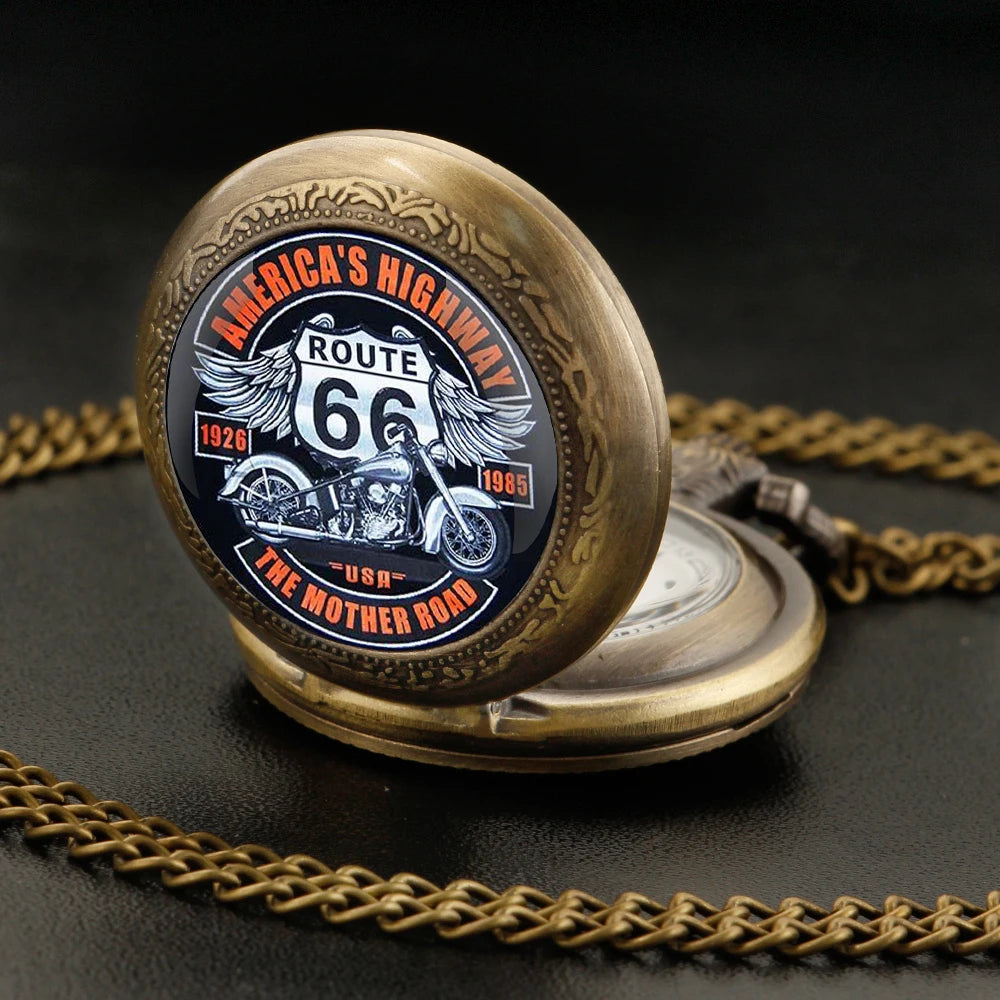 ROUTE 66 Glass Dome Black Quartz Pocket Watch with Arabic Numerals Dial and Durable Chain Gift for Men Women