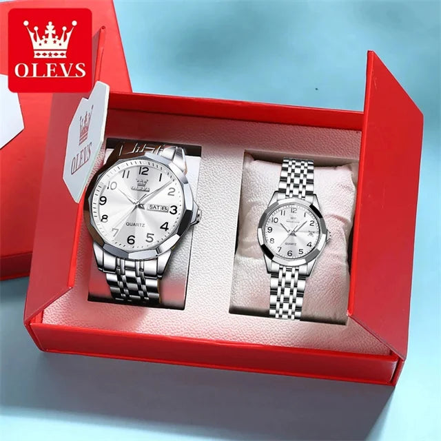 OLEVS 9970 Luxury Couple Watch Men Women Stainless Steel Waterproof Calendar Wristwatch Digital Dial Rhombus Mirror Lovers Watch