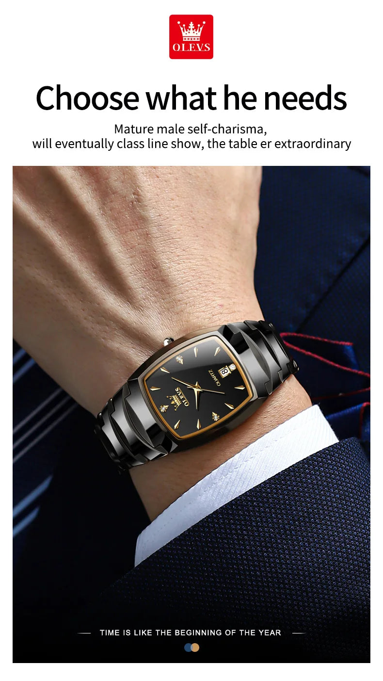 OLEVS 7006 Tonneau Tungsten Steel Couple Watch for Men Women Luxury Brand Quartz Lover's Watch His or Hers Waterproof Wristwatch