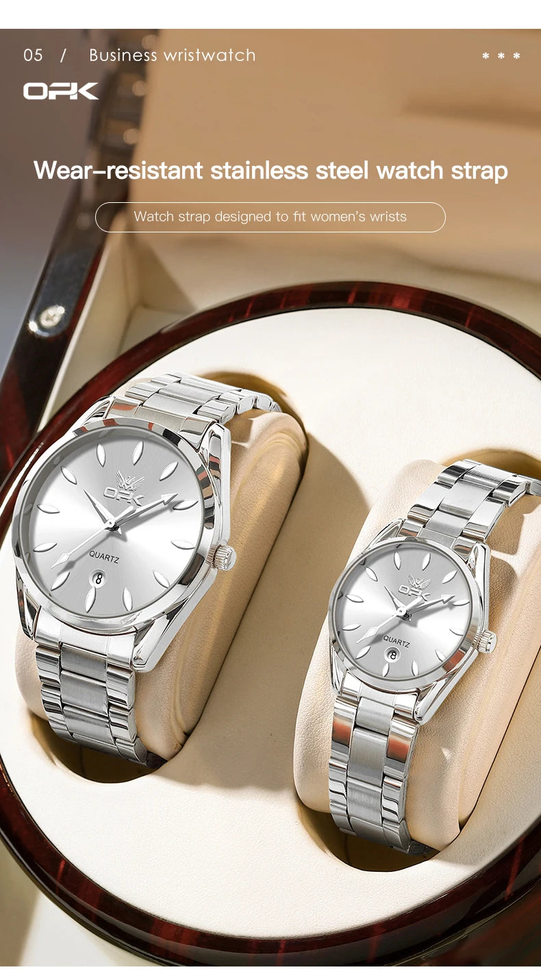 OPK 6038 Couple Watches Stainless steel Belt Deep Waterproof Calendar Hand Clock