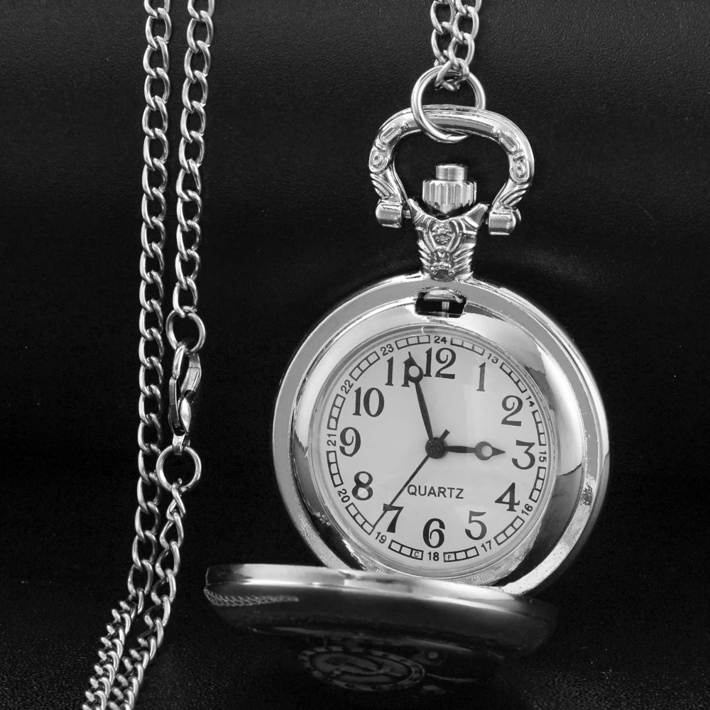 ROUTE 66 Glass Dome Black Quartz Pocket Watch with Arabic Numerals Dial and Durable Chain Gift for Men Women