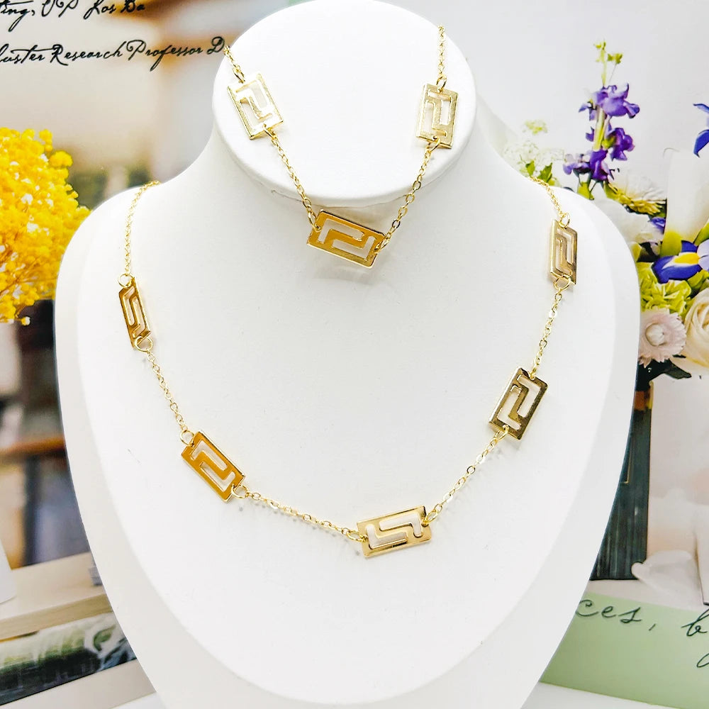 Fashion Long Chain Necklace with Bracelet Classic Gold Color Necklace for Women Trendy Bangles For Women Anniversary Party Gift