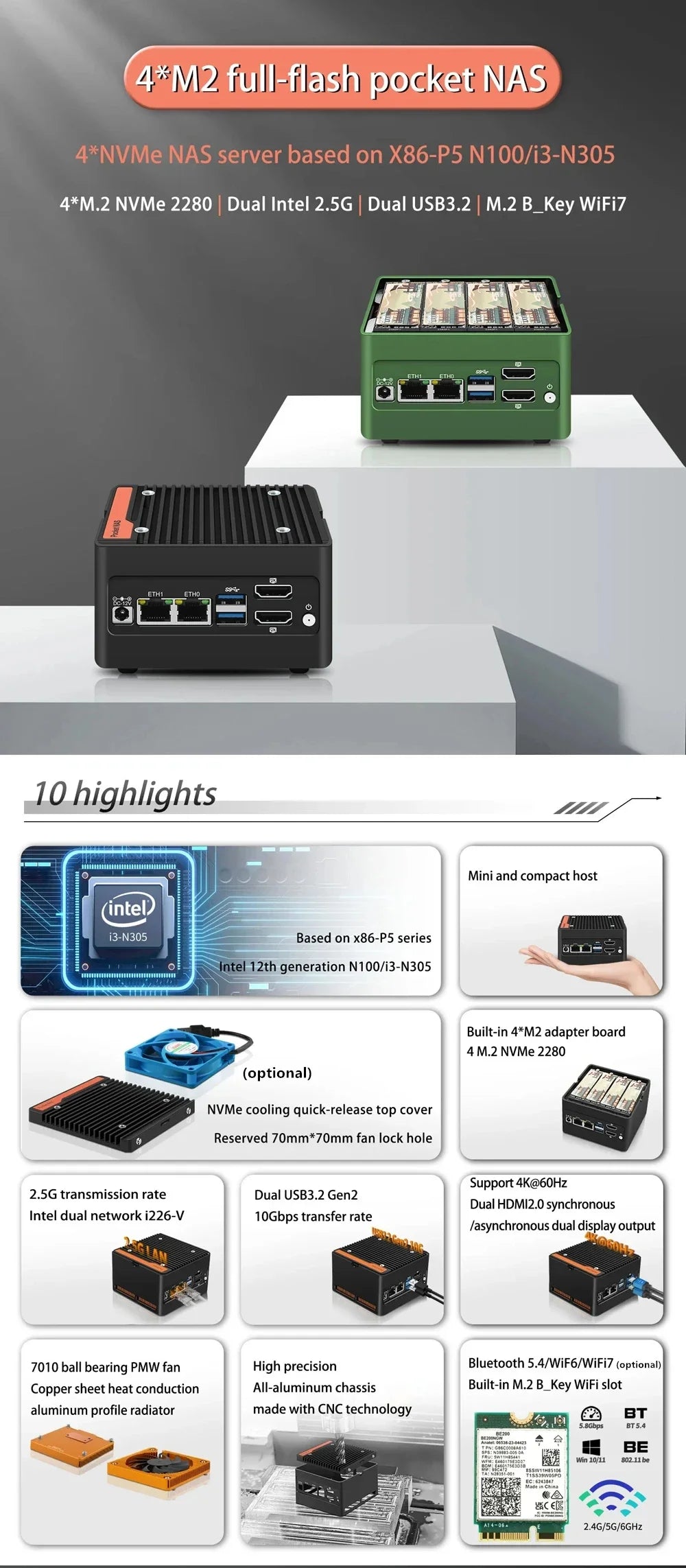 Hot 4 x NVMe Mini NAS Server 4 Bay NAS N100 3 N355 Pocket PC with Dual LAN,Dual HDMI 2.0,USB3.2 Gen2,Support BT5.4/WiFi6/WiFi7
