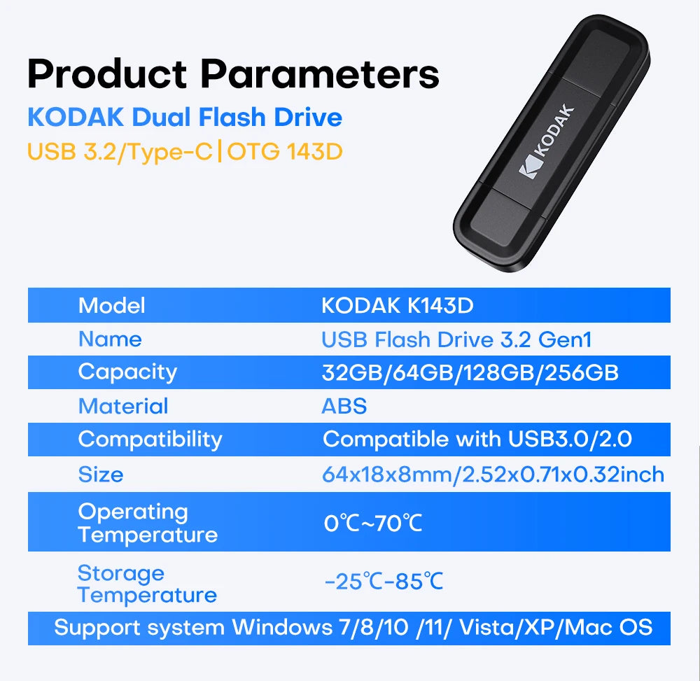 KODAK USB 3.2 Type-C Flash Drive 128GB 64GB USB3.2 Gen 1 OTG High Speed Pen Drive Memory Stick Pendrive for Phone Computer