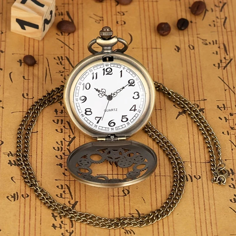 Retro Bronze Hollow Gear Carved Quartz Pocket Watch Necklace Pendant Clock Chain Memorial Gift for Men Women Reloj Hombre