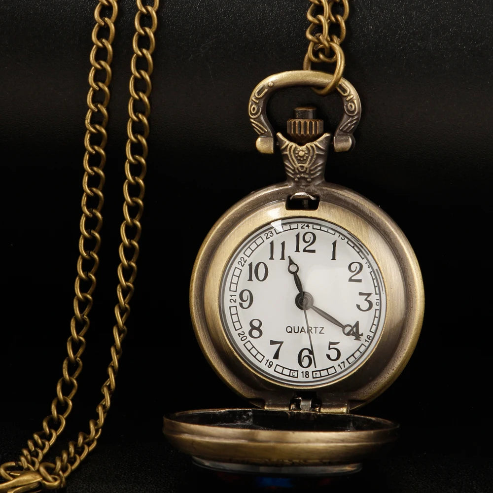 ROUTE 66 Glass Dome Black Quartz Pocket Watch with Arabic Numerals Dial and Durable Chain Gift for Men Women