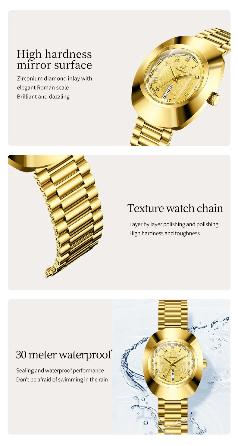 OLEVS 7008 Luxury Quartz Watch for Women Large Dial Tungsten Steel Strap Top Brand Original Golden Women's Decoration Wristwatch