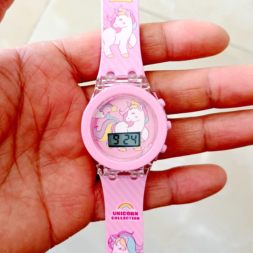 Cartoon Unicorn Collection Rainbow Printed Rubber Girls Kids Children Students Digital Flash Light Glow Up Party Gifts Watches