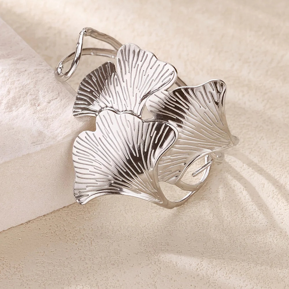 Women's Ginkgo Leaf Cuff Bracelet Elegant Stainless Steel Open Bracelet Jewelry Fashion Accessory Summer Waterproof Jewelry
