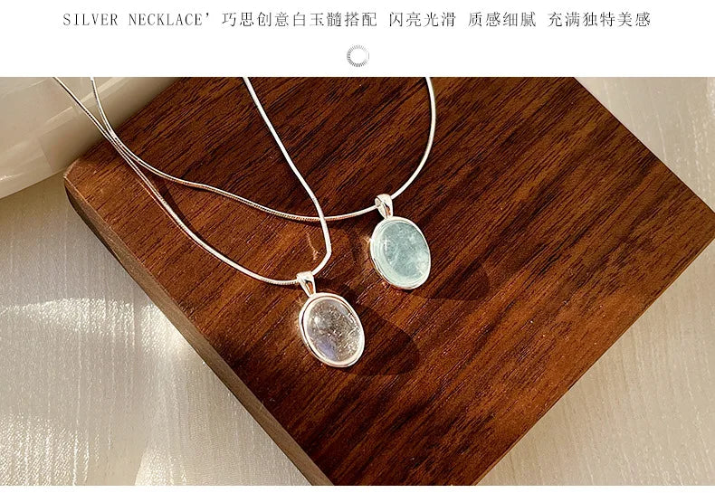 CHOZON S925 Sterling Silver Natural Moonstone Aquamarine Necklace New Product Unique Design Oval Natural Stone Snake Bone Chain