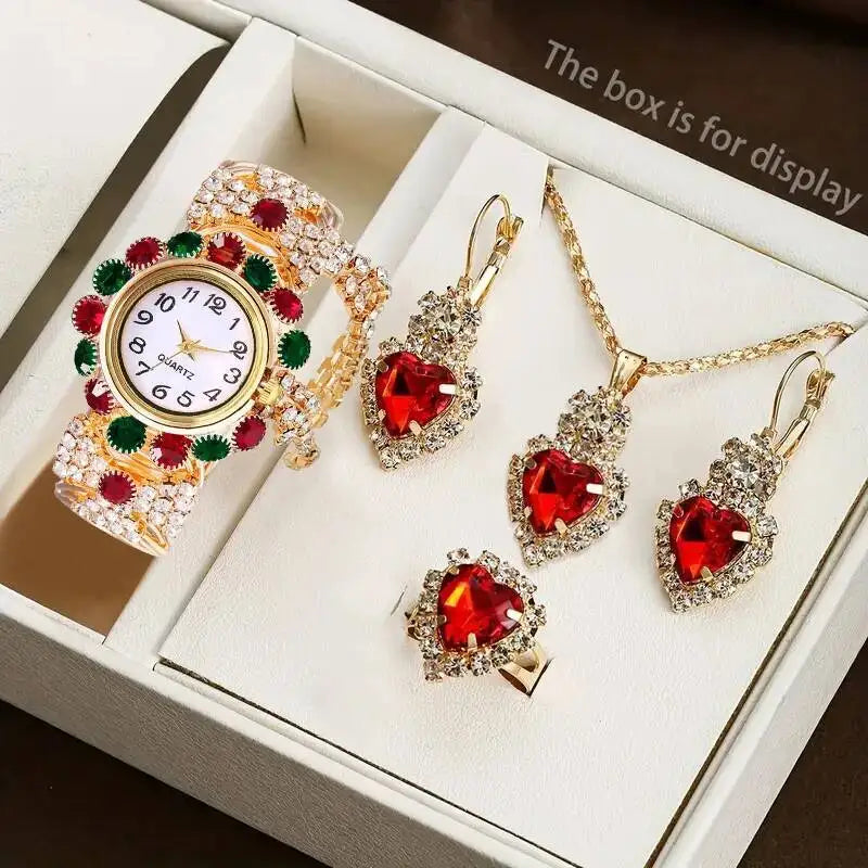 5PCS/Set Luxury Rhinestone Women Watches Fashion Adjustable Bangle Ladies Quartz Wristwatch Jewelry Set Reloj Mujer（Without Box）