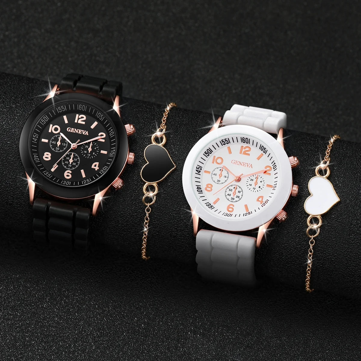 4PCS/Set Couple's Watches Fashion Silicone Band Women Quartz Watch Heart Bracelet Set（Without Box）