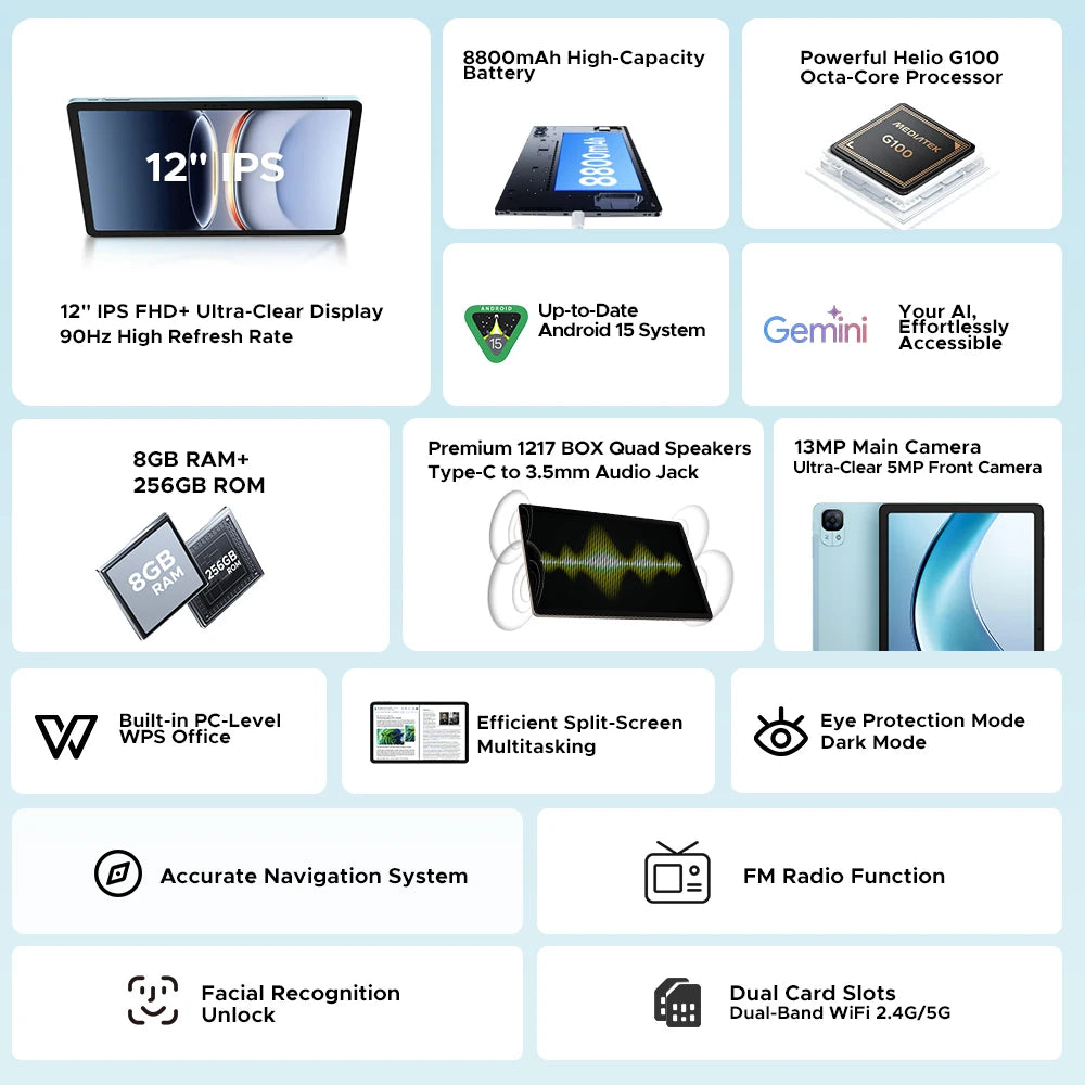 Doogee Tab E3+ 2 in 1 Tablet Pc Gemini Ai 12"" 2K Display Android 15 32Gb Ram(8+24) 256Gb Rom 8800Mah Battery Helio G100 Tabletpc