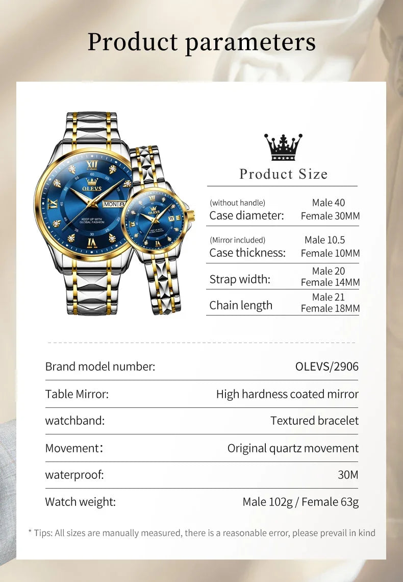 OLEVS 2906 Fashion Date Quartz Couple Watches Top Luxury Watch Men Women Waterproof Stainless Steel Wristwatch