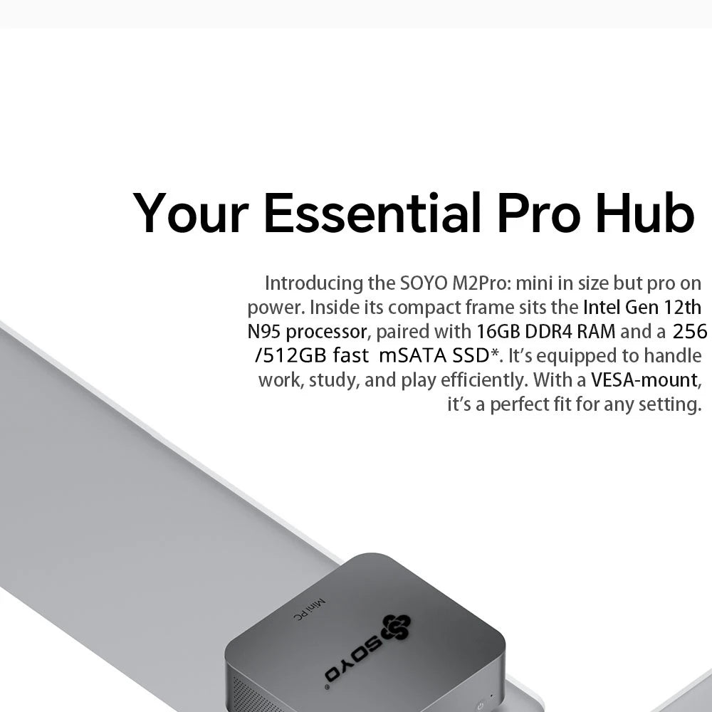 SOYO M2 Pro Portable Mini PC Intel N95 CPU DDR4 8/16GB RAM 256/512G M.2 SSD Windows11 WIFI6 DP for Desktop Office Computers