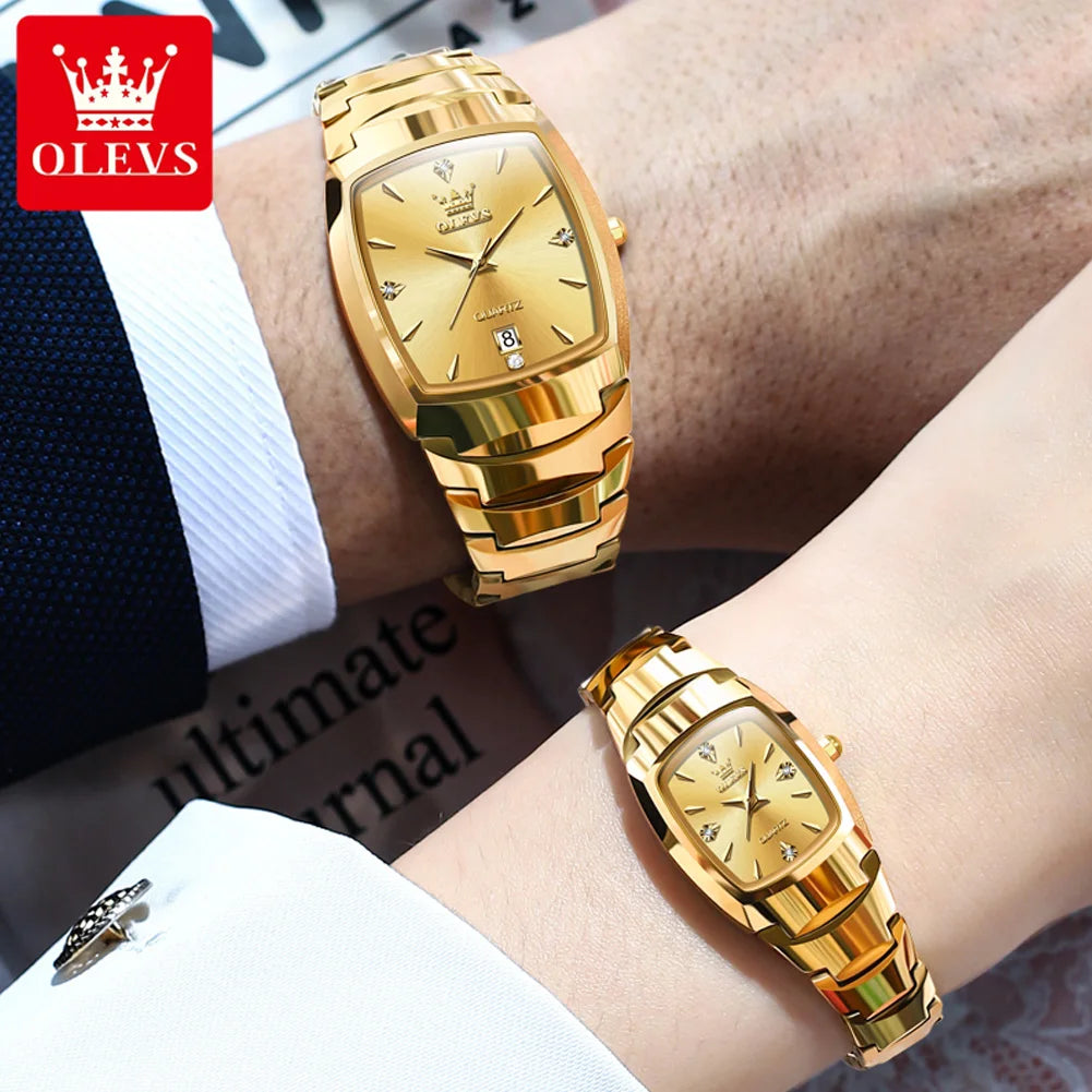 OLEVS 7006 Tonneau Tungsten Steel Couple Watch for Men Women Luxury Brand Quartz Lover's Watch His or Hers Waterproof Wristwatch