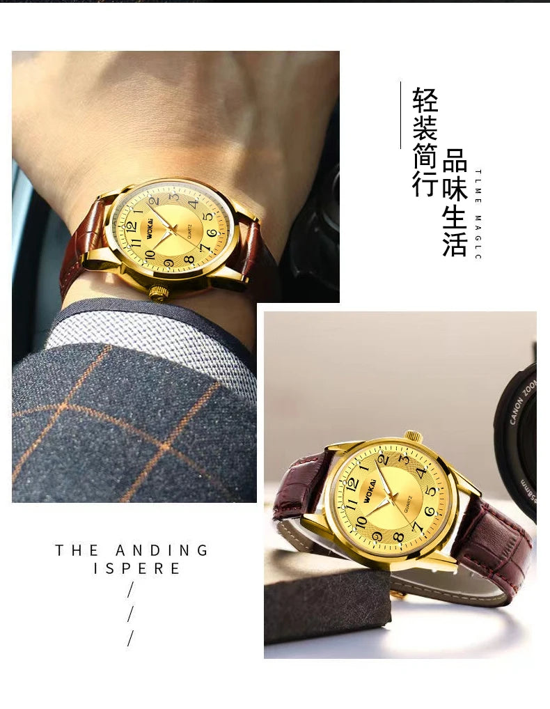 WOKAI high quality fashion casual yellow gold men's leather belt quartz watch men's business sports digital clock retro