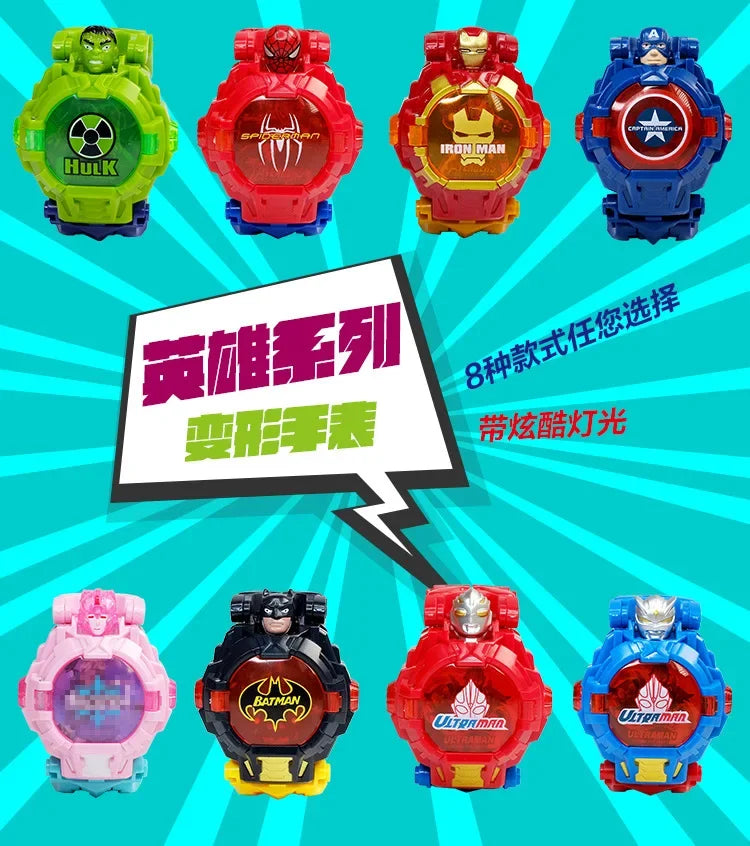 Marvel Iron Man Spiderman Cartoons Children's Watch Deformation Robot 3d LED Luminous Watch Children's Model Toy Watch